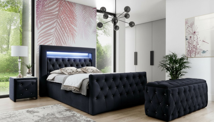 Lit textile LED noir Chesterfield 2x Tables de chevet en bois Tabouret 4 pièces