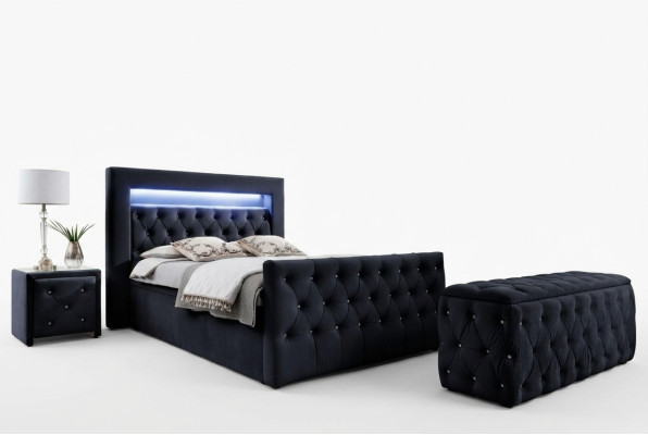 Lit textile LED noir Chesterfield 2x Tables de chevet en bois Tabouret 4 pièces