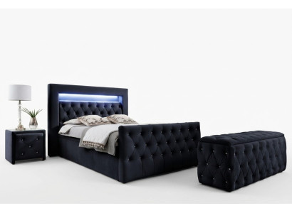 Lit textile LED noir Chesterfield 2x Tables de chevet en bois Tabouret 4 pièces