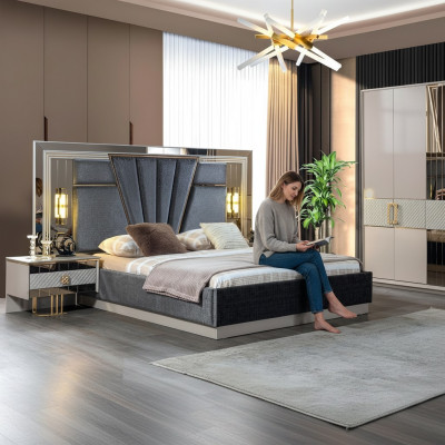 Ensemble chambre à coucher Lit avec 2 tables de chevet Mobilier de luxe complet Moderne