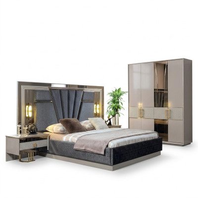 Ensemble chambre à coucher Lit avec 2 tables de chevet Mobilier de luxe complet Moderne