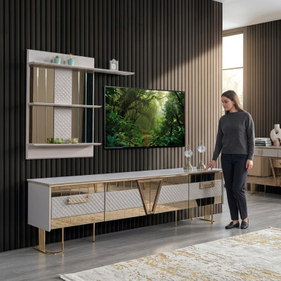Conception moderne Unité murale grise Étagères murales en bois Meuble bas TV complet