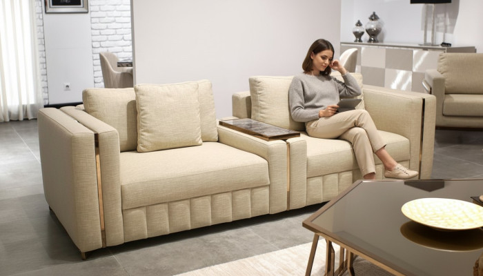 Sofa de salon moderne Deux places Beige Tissu Ameublement Mobilier Design