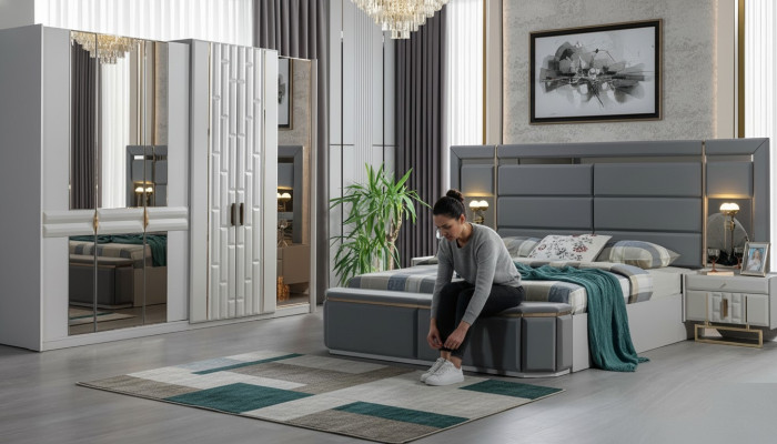 Ensemble complet de meubles de chambre à coucher Lit 2x Table de chevet Armoire neuf