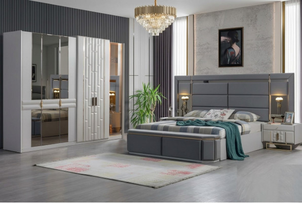 Ensemble complet de meubles de chambre à coucher Lit 2x Table de chevet Armoire neuf