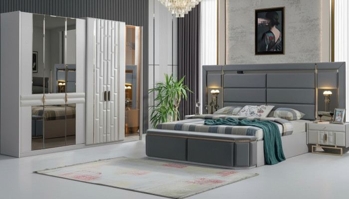 Ensemble complet de meubles de chambre à coucher Lit 2x Table de chevet Armoire neuf