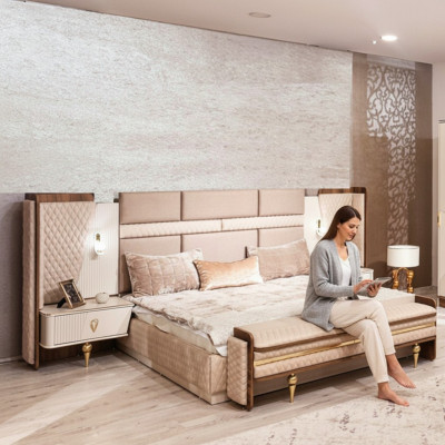 Suite chambre à coucher Lit de design de luxe 2x tables de chevet Mobilier moderne