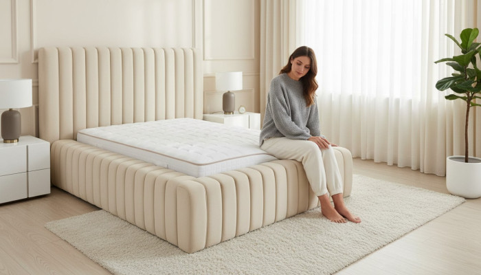 Chambre de luxe Lit Lit double Bois Rembourrage Lits sommier beige