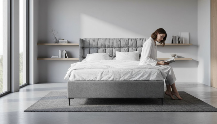 Lit double gris Classique Chambre à coucher Meubles de design Lit en tissu élégant