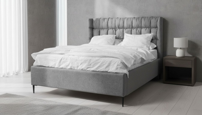 Lit double gris Classique Chambre à coucher Meubles de design Lit en tissu élégant