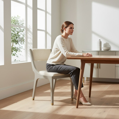 Chaise de designer Chaise de salle à manger Tissu Blanc Bois massif neuf
