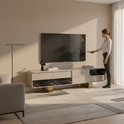 Meuble TV Armoire TV Lowboard Classique Gris Bois Moderne Salon Nouveau