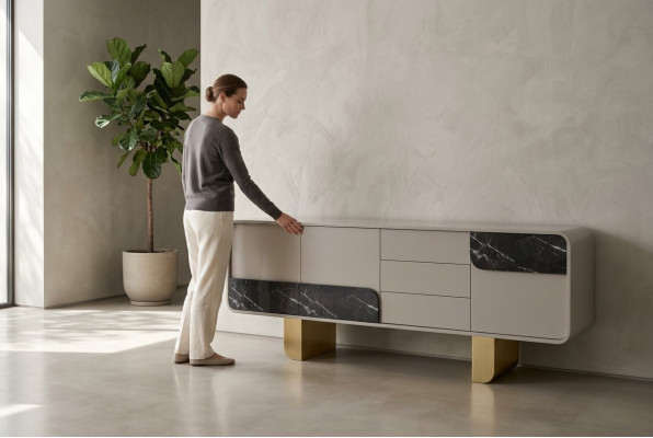 Buffet design, miroir de design, meuble console en bois, commode.