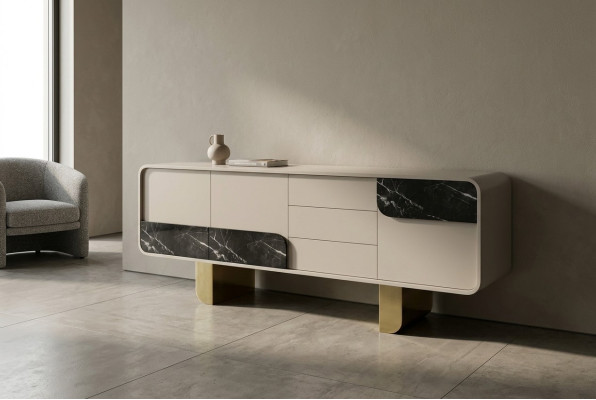Buffet design, miroir de design, meuble console en bois, commode.