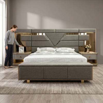 Lit Table de chevet 3 pièces Ensemble de chambre Design Moderne Luxe Élégant Complet