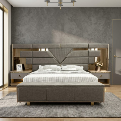 Lit Table de chevet 3 pièces Ensemble de chambre Design Moderne Luxe Élégant Complet
