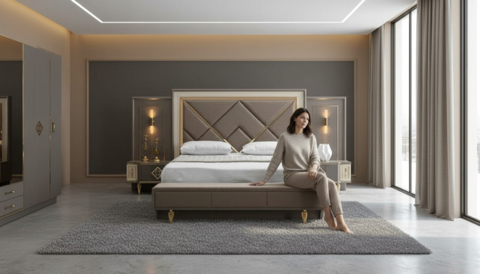 Luxueux ensemble de chambre à coucher en 3 pièces Lit et 2 tables de chevet Design Textile Ensembles de 3 pièces