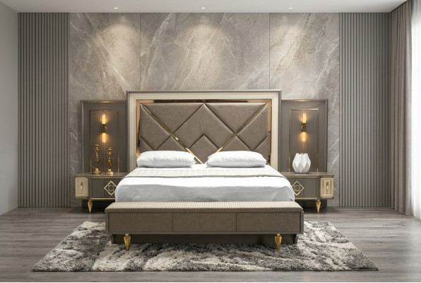 Luxueux ensemble de chambre à coucher en 3 pièces Lit et 2 tables de chevet Design Textile Ensembles de 3 pièces