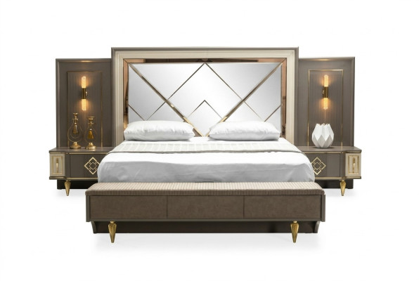 Luxueux ensemble de chambre à coucher en 3 pièces Lit et 2 tables de chevet Design Textile Ensembles de 3 pièces