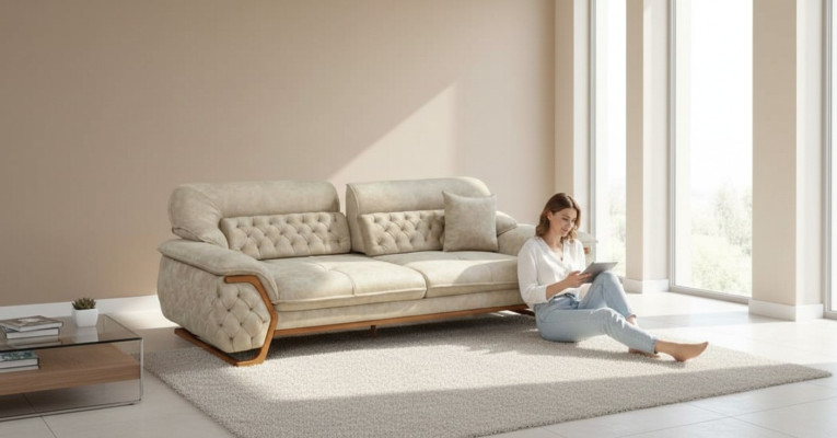 Canapé luxueux Chesterfield à trois places avec dossier réglable.