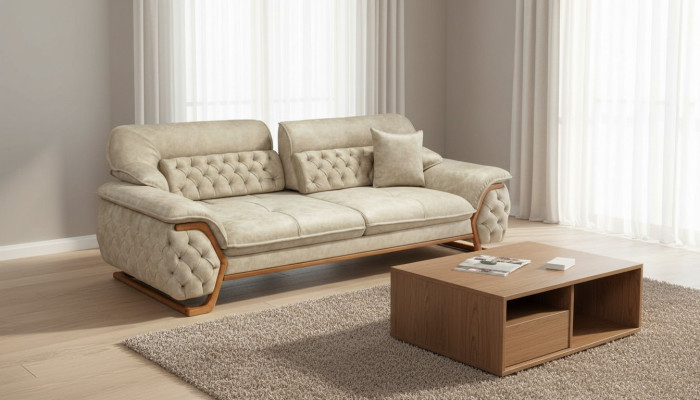Canapé luxueux Chesterfield à trois places avec dossier réglable.