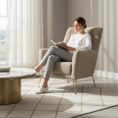 Design Seater Luxury Beige Armchair Relax Wood with stainless steel Armchair new --- Design Seater Luxe Beige Fauteuil Relax en bois avec bras en acier inoxydable nouveau