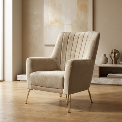 Design Seater Luxury Beige Armchair Relax Wood with stainless steel Armchair new --- Design Seater Luxe Beige Fauteuil Relax en bois avec bras en acier inoxydable nouveau