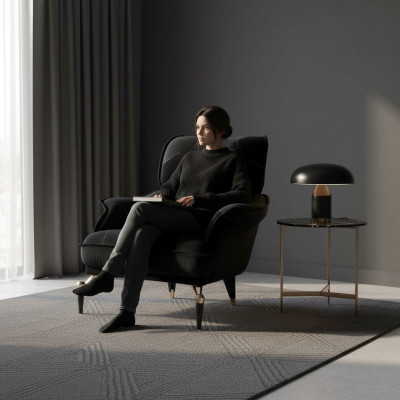 Fauteuil parfaitement moelleux pour le salon Couleur noir Nouveau Textile de meuble de luxe.