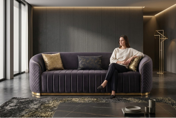 Canapé luxueux Salon moderne Trois places Mobilier Noir 3 places Bois Textile