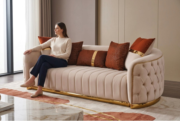 Textile beige Canapé - trois places - design moderne - style luxueux - Chesterfield beige