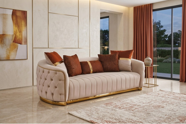 Textile beige Canapé - trois places - design moderne - style luxueux - Chesterfield beige