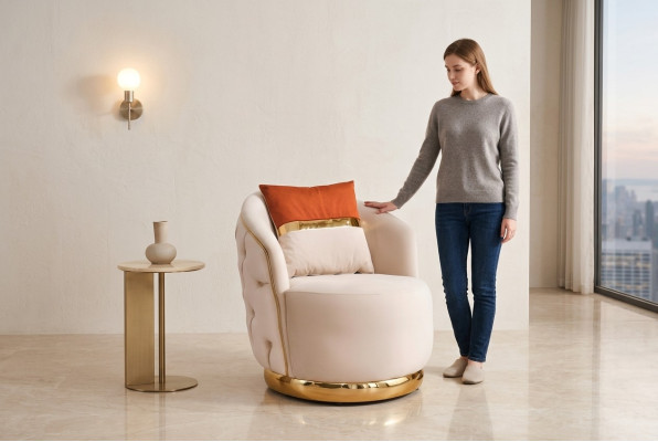 Conception Fauteuil de luxe beige Chaise de relaxation en textile avec accoudoirs en acier inoxydable Fauteuil Club