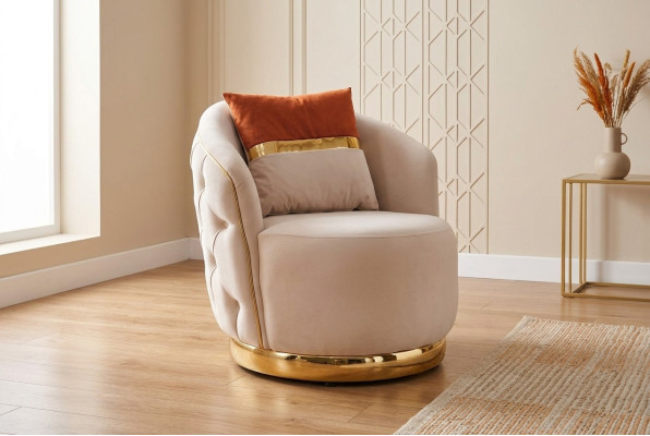 Conception Fauteuil de luxe beige Chaise de relaxation en textile avec accoudoirs en acier inoxydable Fauteuil Club