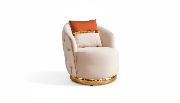 Conception Fauteuil de luxe beige Chaise de relaxation en textile avec accoudoirs en acier inoxydable Fauteuil Club