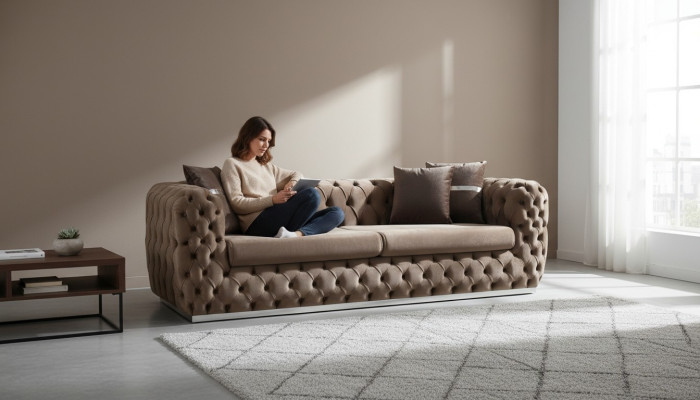 Canapé 3 places Canapé rembourré Marron Siège en textile Canapé design moderne Chesterfield