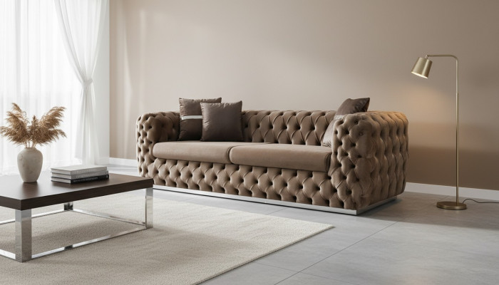 Canapé 3 places Canapé rembourré Marron Siège en textile Canapé design moderne Chesterfield