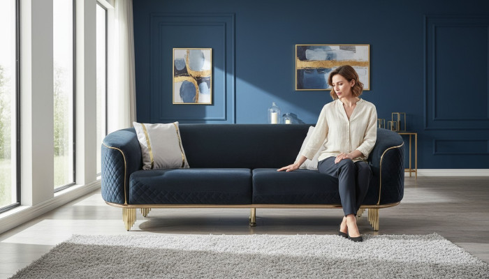 Canapé moderne neuf 3 places Canapé rembourré Design de siège en textile bleu Sofa