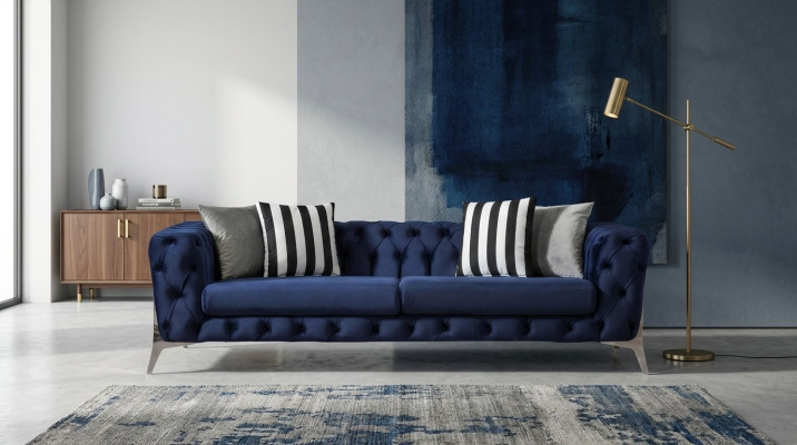 Canapé Chesterfield 3 places en velours bleu, meuble luxueux pour le salon Sofas