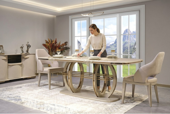 Table à manger Table de salle à manger Meubles de salle à manger Table Bois Or Beige