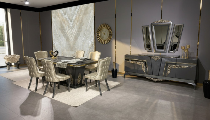 Ensemble de salle à manger 9 pièces. Table à manger + 6 chaises Buffet avec miroir Gris nouveau