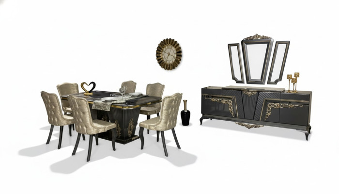 Ensemble de salle à manger 9 pièces. Table à manger + 6 chaises Buffet avec miroir Gris nouveau