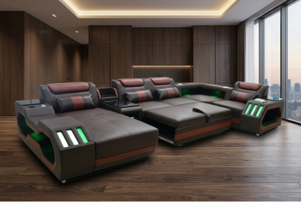 Canapé d'angle de luxe en forme de U avec fonction lit pour le salon - Canapé avec éclairage LED.