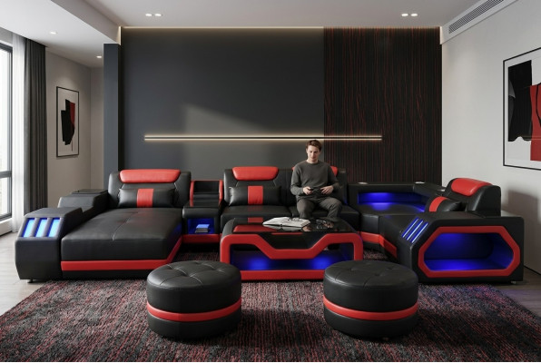 Ensemble de salon design composé de 4 pièces. Ensemble moderne de couleur noire illuminée.