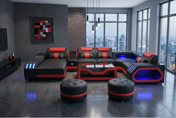 Ensemble de salon design composé de 4 pièces. Ensemble moderne de couleur noire illuminée.