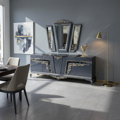 Buffet Commode moderne Buffet Armoire avec 3 espaces de rangement Miroir Baroque
