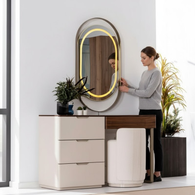 Coiffeuse beige avec miroir pour chambre à coucher, table de maquillage de luxe, ensemble de 2 pièces.