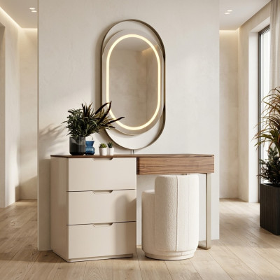 Coiffeuse beige avec miroir pour chambre à coucher, table de maquillage de luxe, ensemble de 2 pièces.