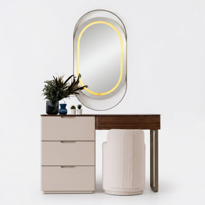 Coiffeuse beige avec miroir pour chambre à coucher, table de maquillage de luxe, ensemble de 2 pièces.