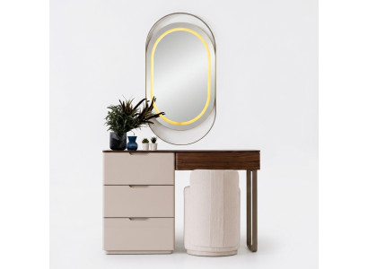 Coiffeuse beige avec miroir pour chambre à coucher, table de maquillage de luxe, ensemble de 2 pièces.