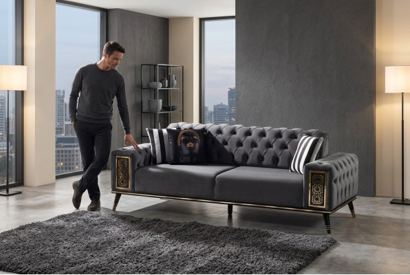 Canapé Chesterfield noir et or trois places salon de luxe meuble 3 places